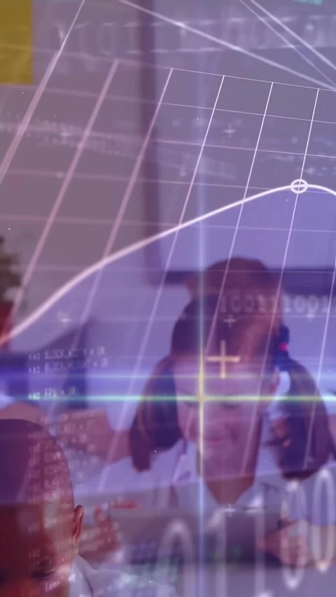 Vertical video: Students tapping tablets in school, creating data grids, Stock Footage 331274220