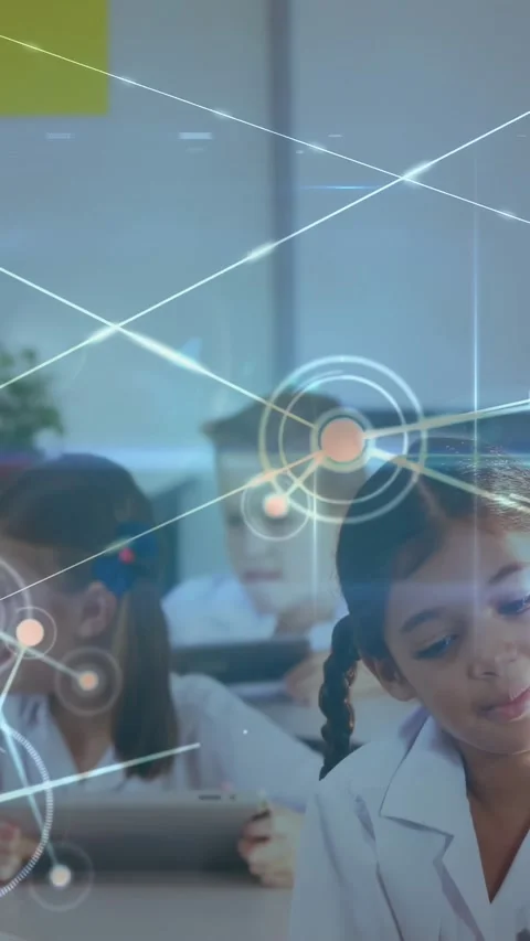 Vertical video: Students tapping tablets as HUD expanding, highlighting braided Video stock 331337137