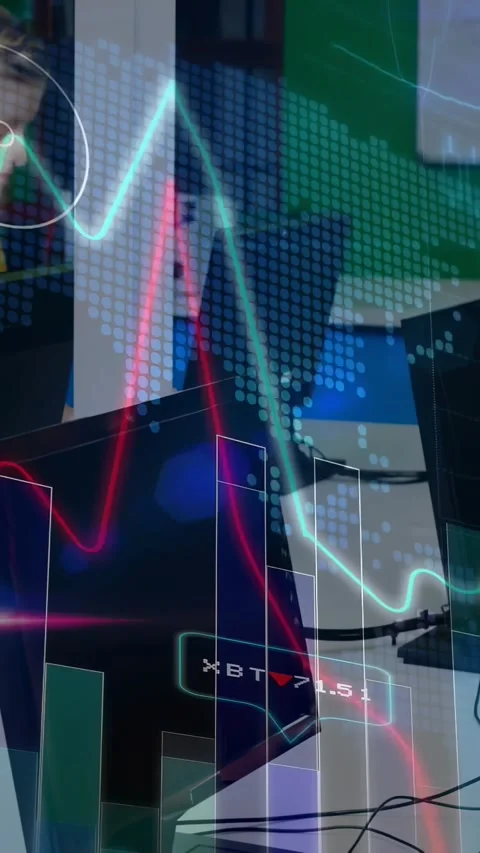 Vertical video: Students typing in lab, driving finance charts animating on Stock Footage 331238091
