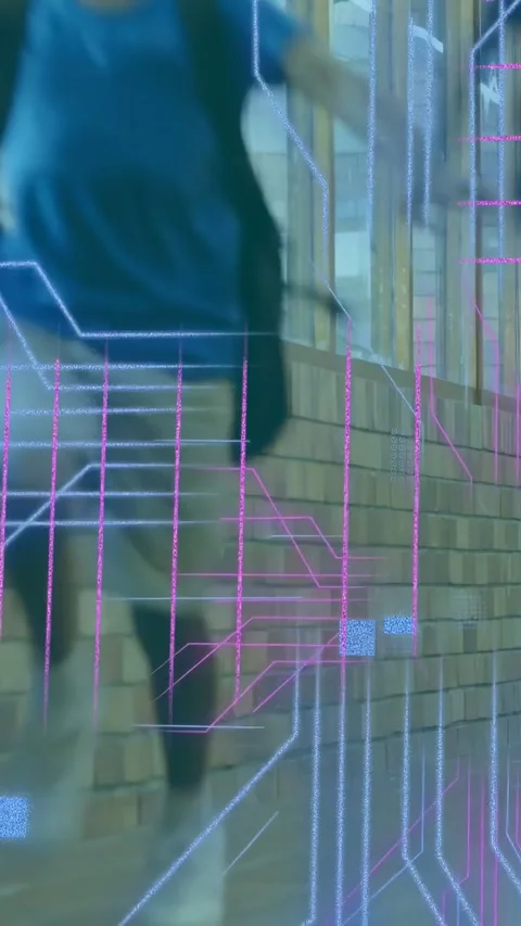 Vertical video: Students walking corridor, neon code rising at sides and Stock Footage 334377593