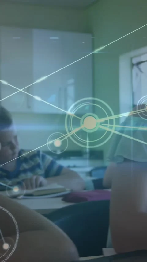 Vertical video: Students writing in classroom, HUD network appearing, expanding, Video stock 331337179