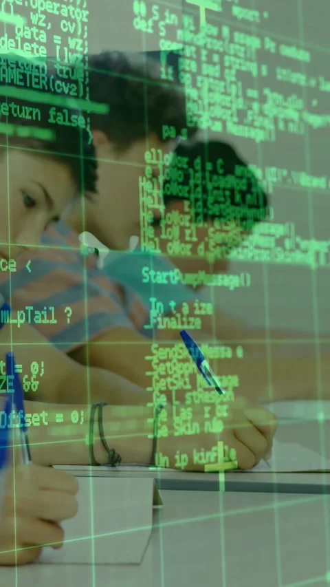 Vertical video: Students writing at desk, green code overlay appearing, covering Stock Footage 331270973
