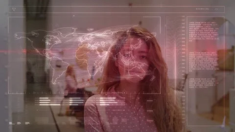 Vertical video: Studio host reacting to off-camera cue, laughing as world-map Stock Footage 331026358