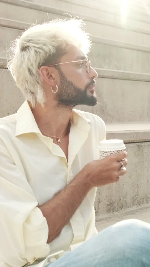 Vertical video, Stylish Man Enjoys Coffee on City Steps Stock Footage 310850099