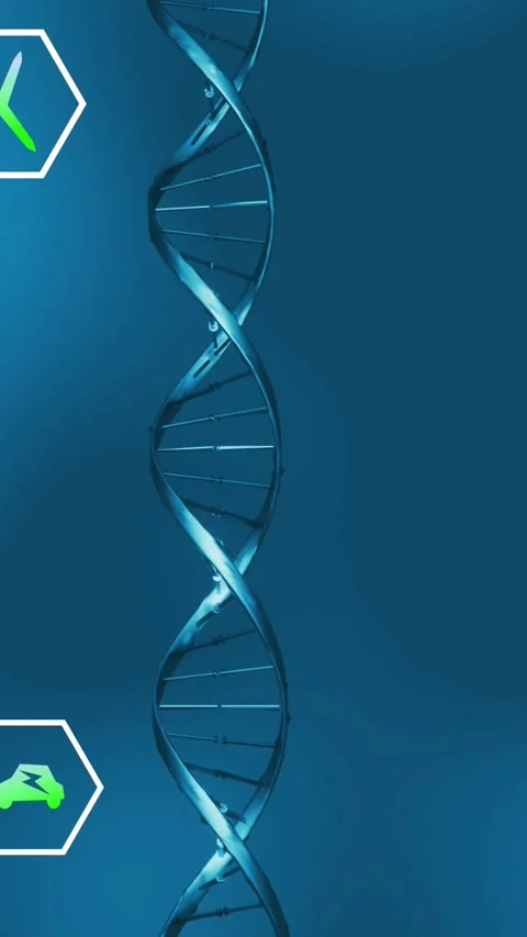 Vertical video: Stylized DNA helix rotating while green pointer tapping left hex Stock Footage 328632980