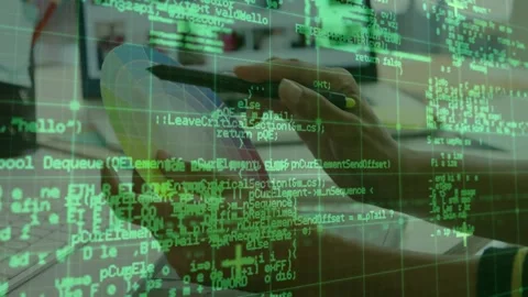 Vertical video: Stylus hovering, green code, hands tapping tablet at desk, Stock Footage 334184718
