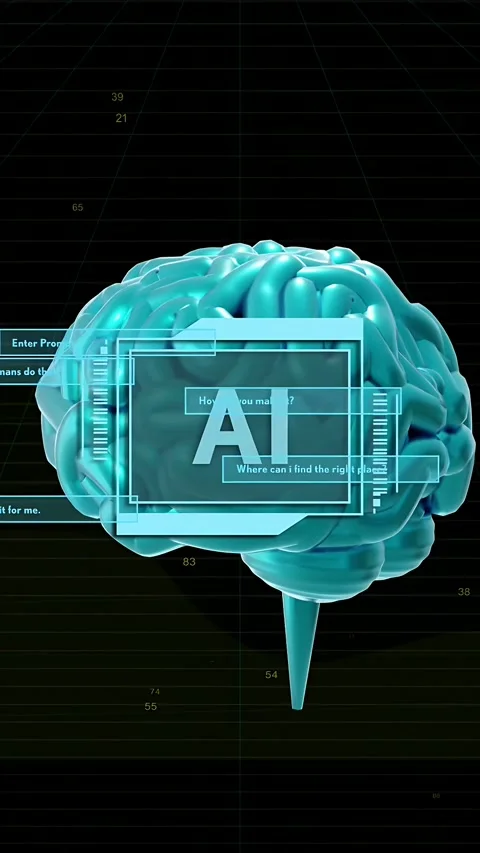 Vertical video: Subtle pan starting cyan 3D brain rotating while AI HUD scanning Stock Footage 335355829