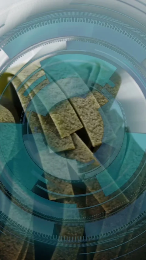 Vertical video: Suede straps rotating after pan as teal HUD pulsing, showing red Stock Footage 332317660