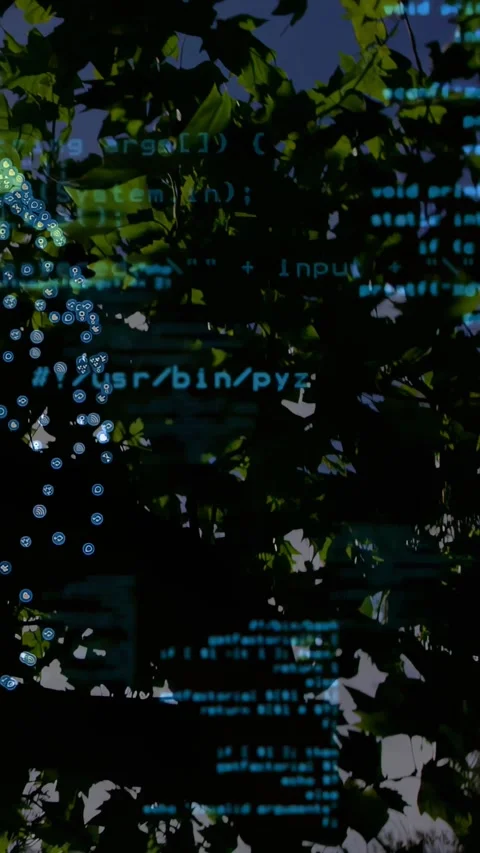 Vertical video: Sun gaps in canopy causing AR tech overlay, cyan code and Stock Footage 330965005