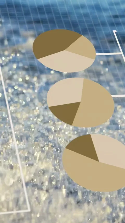 Vertical video: Sun glinting causing shore splashing data rising pie donut Stock Footage 333978287
