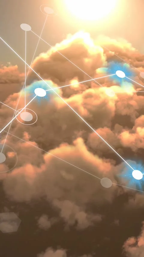 Vertical video: Sun starting soft node grid over golden clouds, nodes pulsing Video stock 334770620
