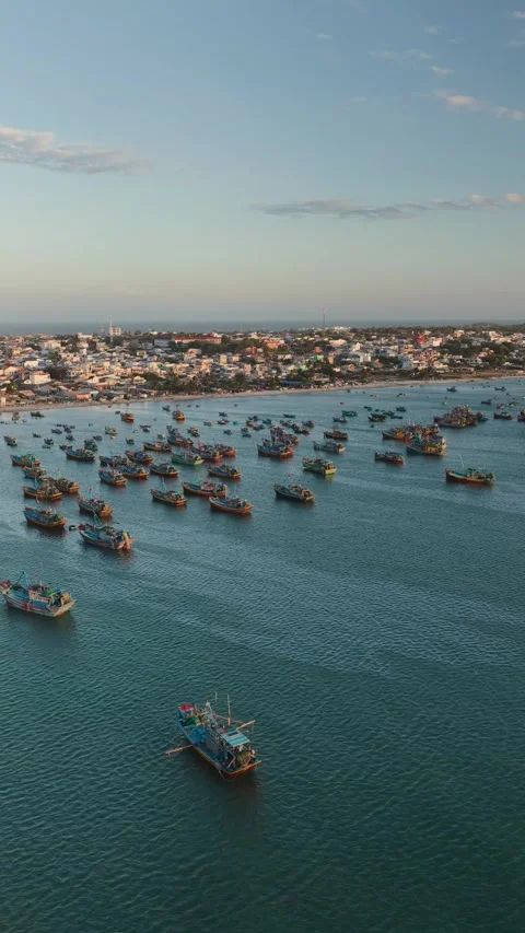 Vertical Video Sunset Over Mui Ne Fishing Village Boats Stock Footage 341657941