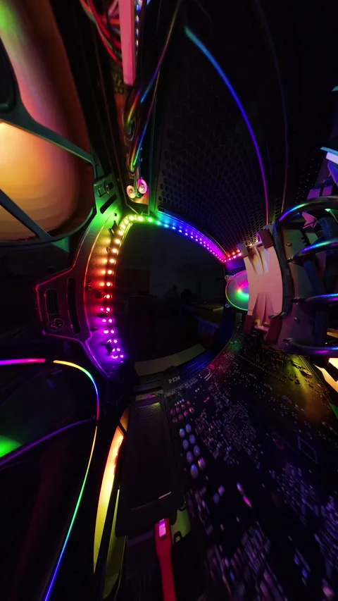 Vertical video. A super wide-angle view of a gaming PC interior, with the camera Stock Footage 289787243