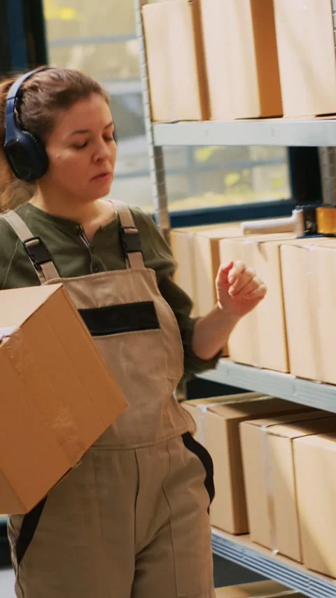 Supervisor organizing boxes on racks, carrying packages before