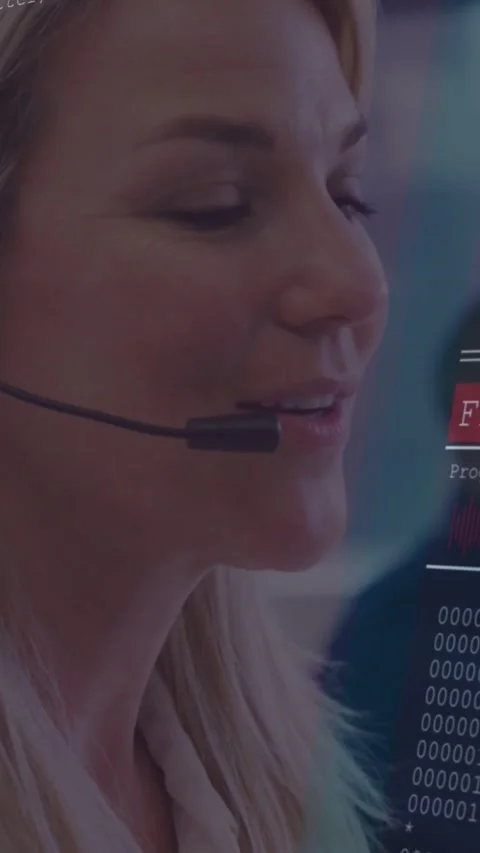 Vertical video: Support agent opening eyes talking adjusting mic as code UI Stock Footage 334604784