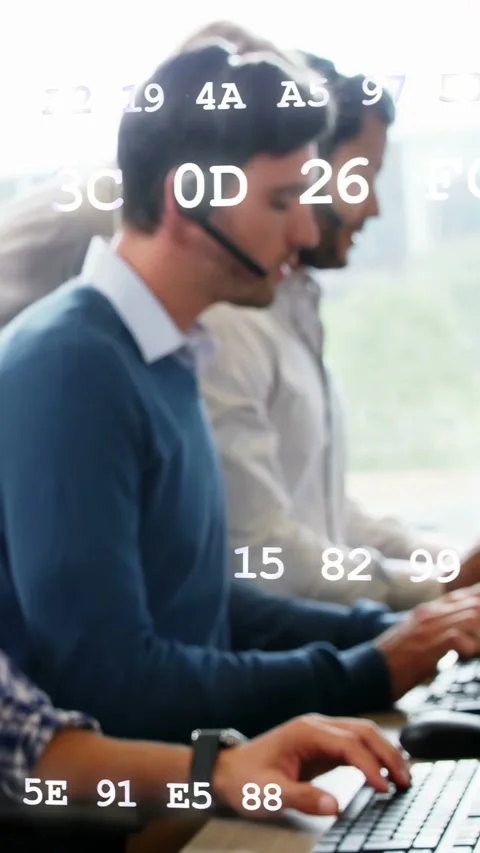 Vertical video: support-agent taking call typing using mic while code strings Stock Footage 333174997