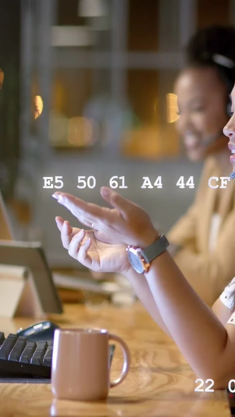 Vertical video: Support agent taking call, gesturing while floating data Stock Footage 335513777