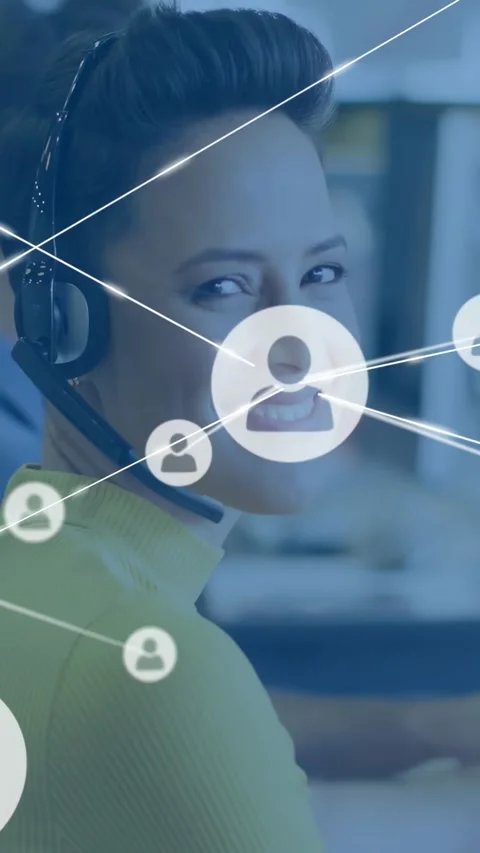 Vertical video: Support agent turning as user icon appearing, lines growing over Stock Footage 334382364