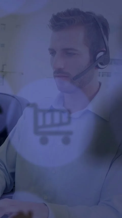 Vertical video: Support agent typing, causing code and cart overlays while Stock Footage 333236548