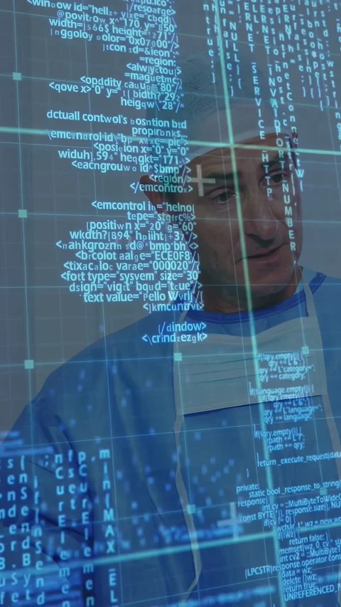 Vertical video: Surgeon tracking code on chest after projection appearing for Stock Footage 330210048