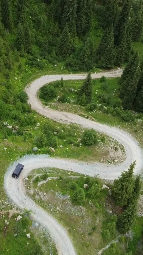 Vertical Video: SUV driving on a winding forest serpentine, bird's-eye view. Stock Footage 331593023