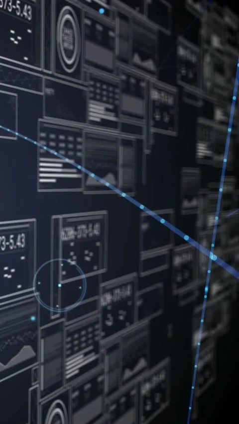 Vertical video: Sweeping camera revealing tiled UI wall in lab, highlighting Stock Footage 332363508