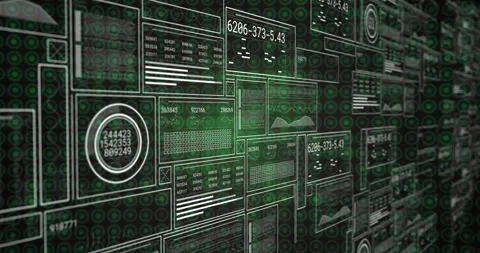 Vertical video: Sweeping green glow filling data wall panels and accenting Stock Footage 331165595