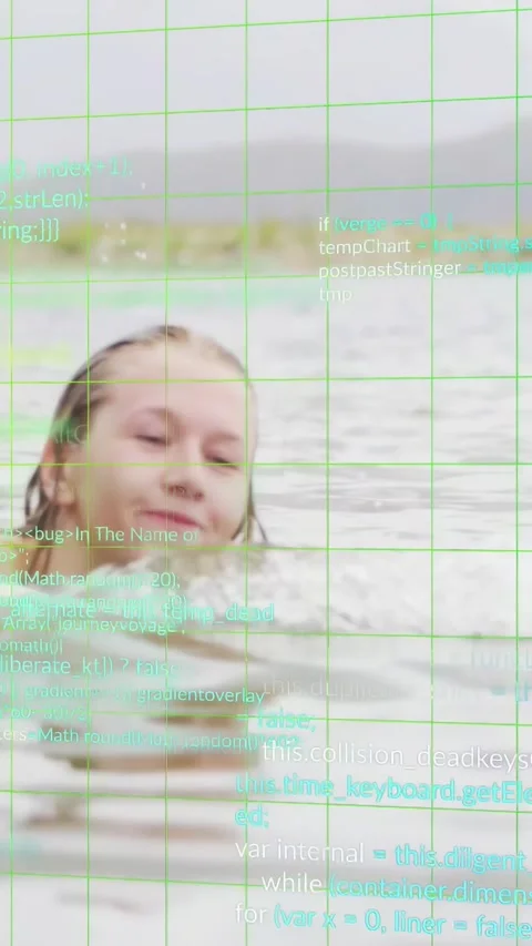 Vertical video: Swimmer entering left, stroking and breathing as tech grid, cyan Stock Footage 333465035