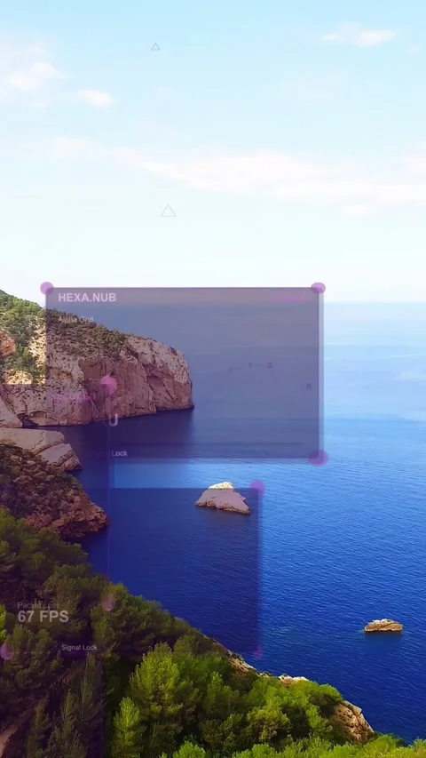 Vertical video: System activating, sending HUD panels stacking over cliff and Stock Footage 333912880