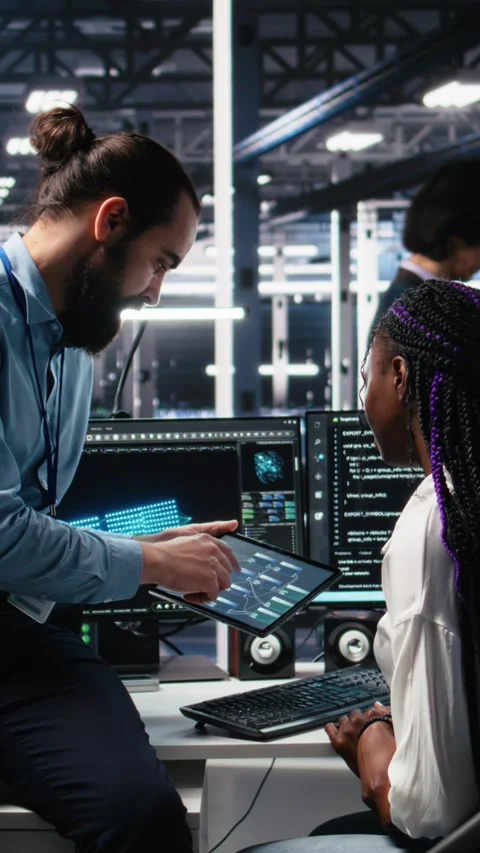 Vertical video System administrator and employee in data center coding with Stock Footage 313507888