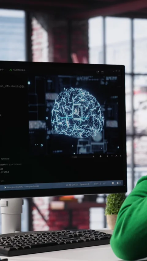 Vertical Video System administrator programming AI brain computerized model Stock Footage 307643542