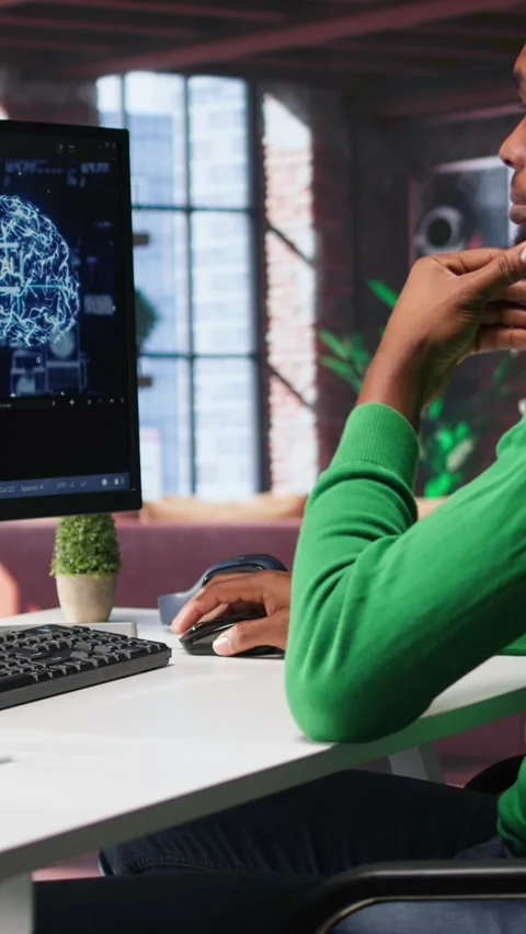 Vertical Video System administrator programming AI brain computerized model Stock Footage 308706400