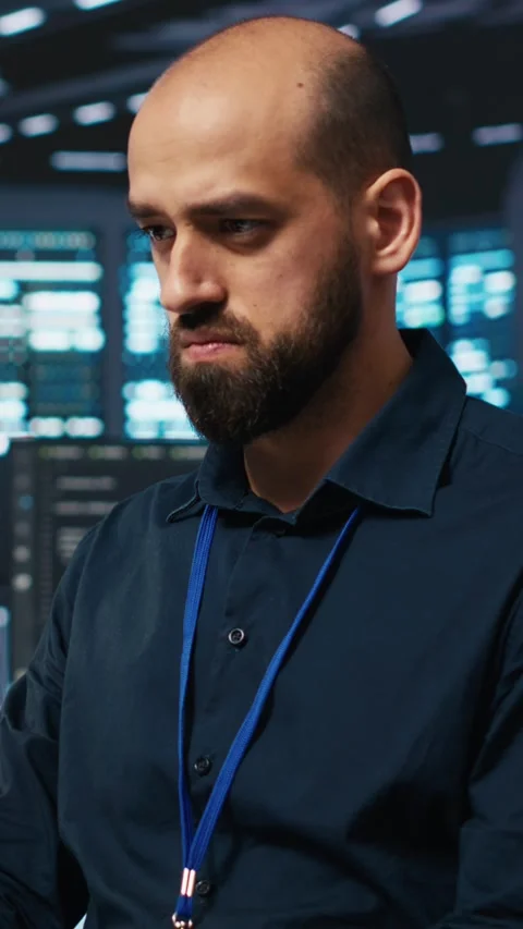 Vertical video System administrator in server hub coding, protecting data Stock Footage 274680677