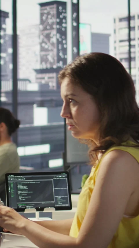 Vertical video System administrator at work doing debugging of AI software using Video stock 319484525