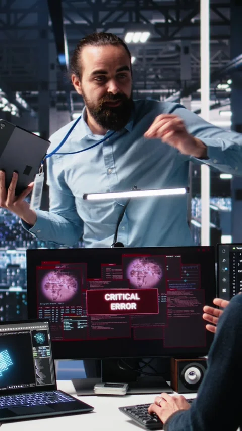 Vertical video System administrators in data center struggle with computer bugs Stock Footage 313455998