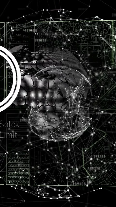 Vertical video: System booting causing globe rotating, map emerging, rings Stock-Footage 328398284