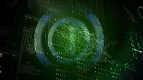 Vertical video: System booting, tech monitoring map growing rings, data pulsing Stock Footage 332746920