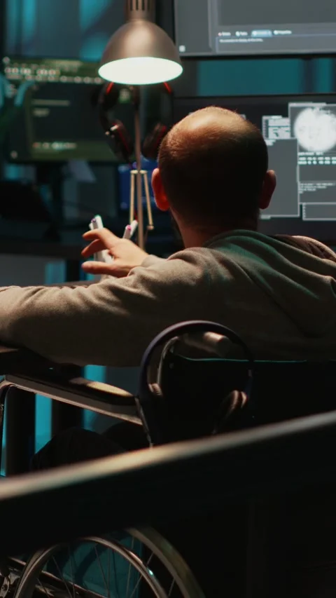 Vertical video: System engineer with impairment working on web programming Stock Footage 220335949