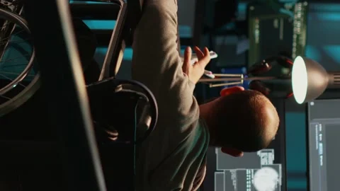 Vertical video: System engineer with impairment working on web programming Stock Footage 222215472
