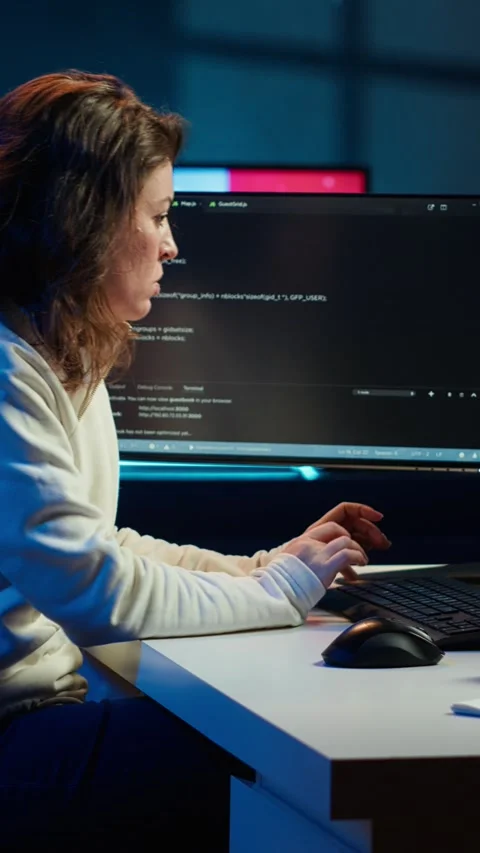 Vertical video System engineer in living room writing lines of code Stock Footage 283505762