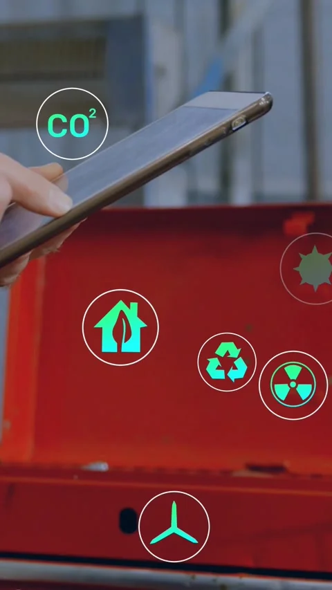 Vertical video: Tablet entering, hand swiping, eco icons gathering near red Stock Footage 330332512