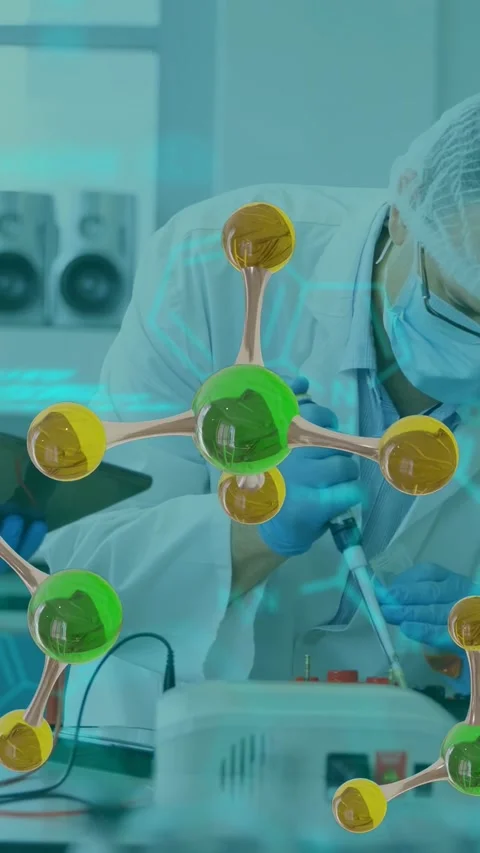 Vertical video: Tablet spawning cyan code and molecules as lab tech pipetting Stock-Footage 335802761