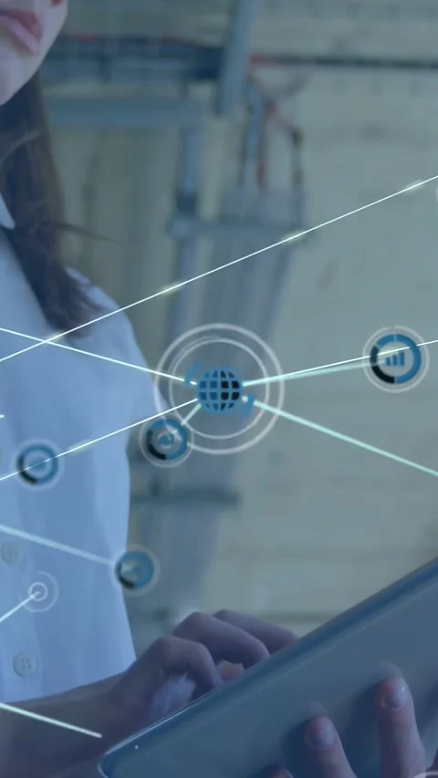 Vertical video: Tablet tap starting holo net woman tapping and viewing nodes Stock Footage 334602768