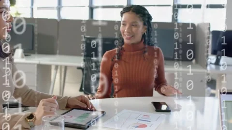Vertical video: Tablet tapping showing rust top woman discussing data at office Stock Footage 334120552