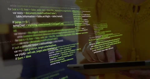 Vertical video: Tablet user tapping and swiping, making code panels grow to Stock Footage 330426631