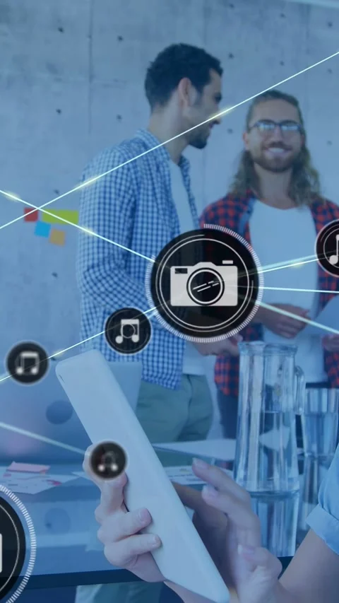 Vertical video: Tablet user tapping white tablet activating camera and music Stock Footage 333556920