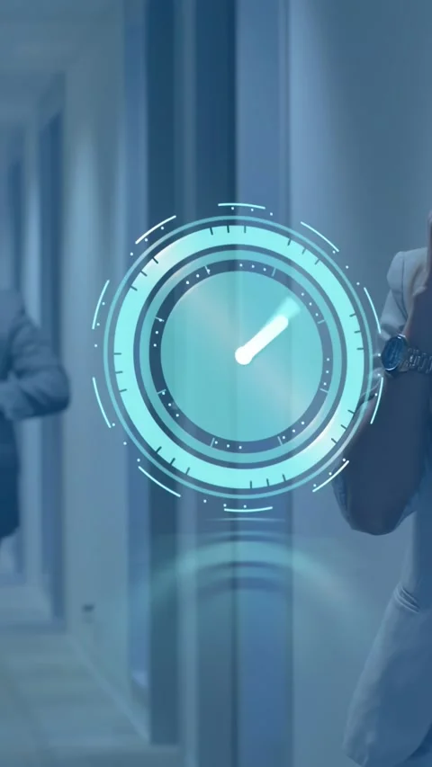 Vertical video: Taking phone call, woman walking talking, blue clock moving to Vidéo 331168671