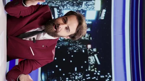 Vertical video Talk show night host presents media news Video stock 247471506
