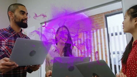 Vertical video: Talking, team holding laptops and collaborating in office, Stock Footage 332867232