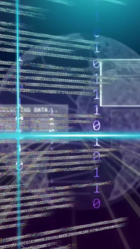 Vertical video: Tall code column being animated after glitch, rotating forward Stock Footage 334378333